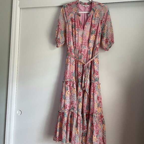Boden Garden Bouquet Puff Sleeve Tiered Ruffle Midi Dress 10P Pink Floral Boho - Picture 15 of 16